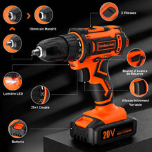 Charger l'image dans la galerie, Perceuse Visseuse Sans Fil 20V – 2 Batteries 2.0Ah, 42Nm, 25+1 Réglages, 24 Accessoires