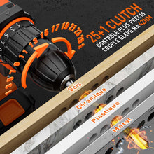 Charger l'image dans la galerie, Perceuse Visseuse Sans Fil 20V – 2 Batteries 2.0Ah, 42Nm, 25+1 Réglages, 24 Accessoires