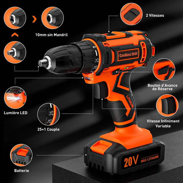 Perceuse Visseuse Sans Fil 20V – 2 Batteries 2.0Ah, 42Nm, 25+1 Réglages, 24 Accessoires
