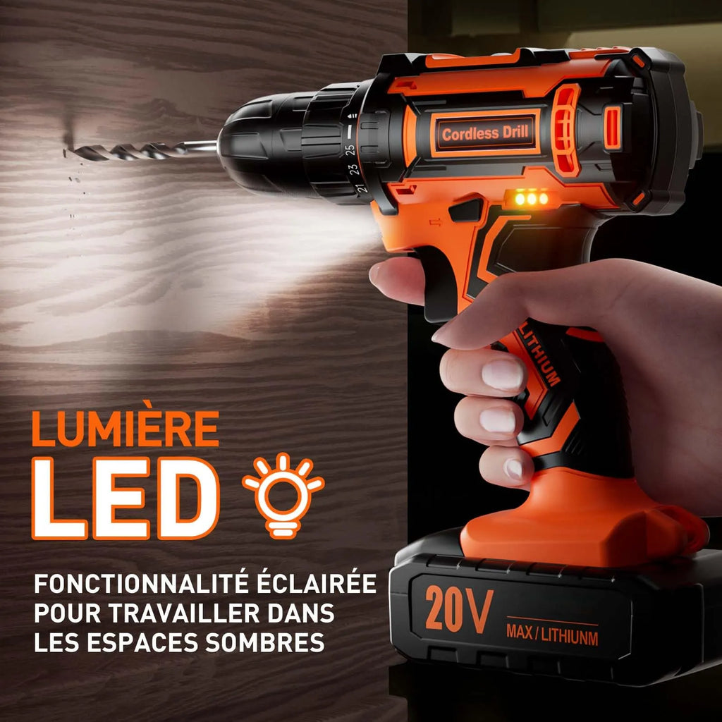 Perceuse Visseuse Sans Fil 20V – 2 Batteries 2.0Ah, 42Nm, 25+1 Réglages, 24 Accessoires