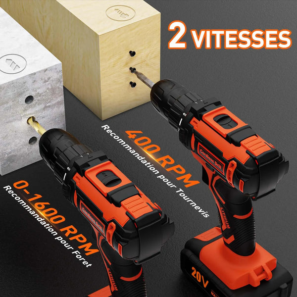 Perceuse Visseuse Sans Fil 20V – 2 Batteries 2.0Ah, 42Nm, 25+1 Réglages, 24 Accessoires
