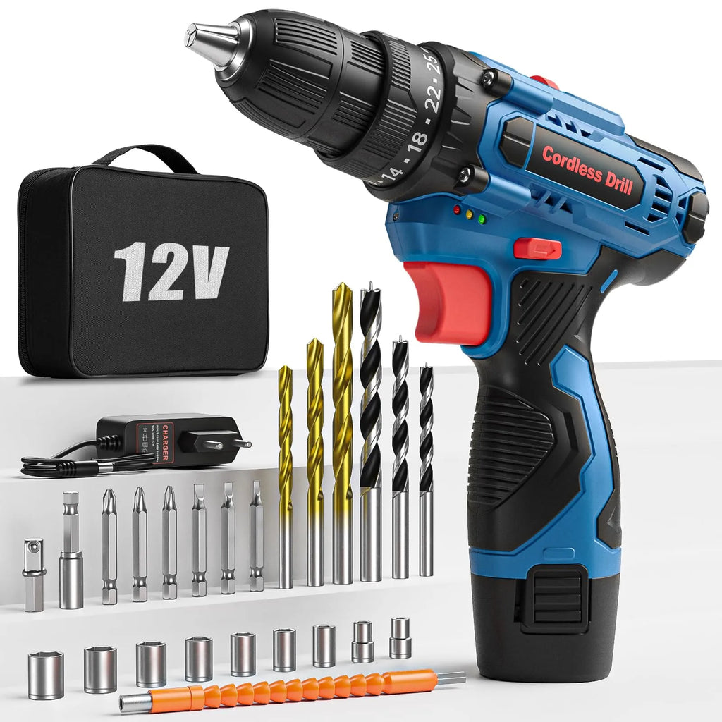 Perceuse Visseuse Sans Fil 20V – 2 Batteries 2.0Ah, 42Nm, 25+1 Réglages, 24 Accessoires