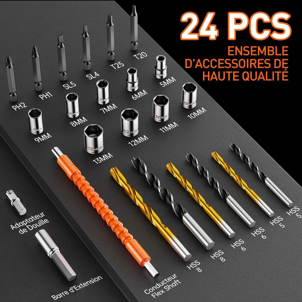 Perceuse Visseuse Sans Fil 20V – 2 Batteries 2.0Ah, 42Nm, 25+1 Réglages, 24 Accessoires